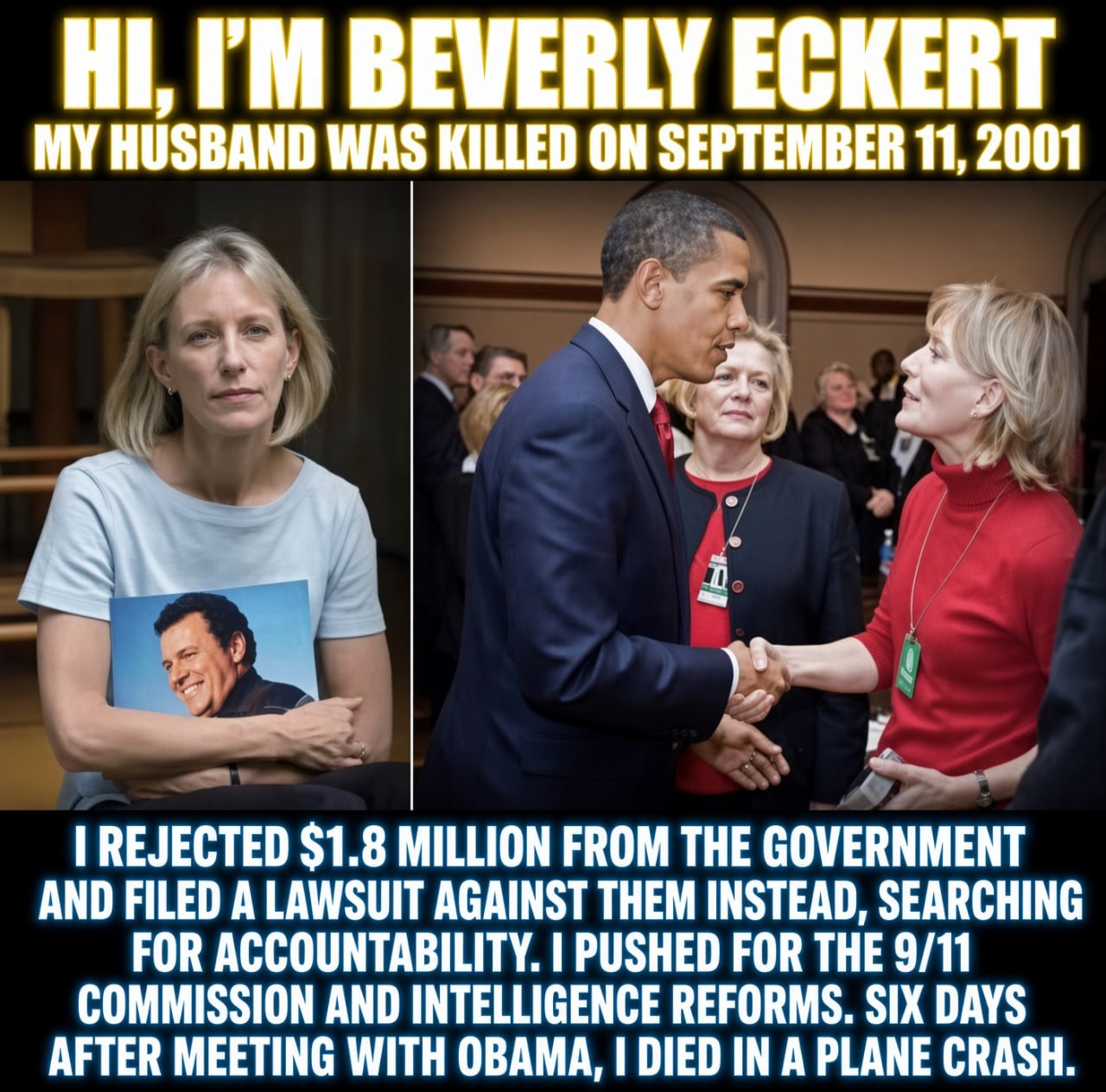 Two-panel graphic: Beverly Eckert holding a photograph of her late husband Sean Rooney, and Eckert shaking hands with President Barack Obama at the February 6, 2009 White House meeting