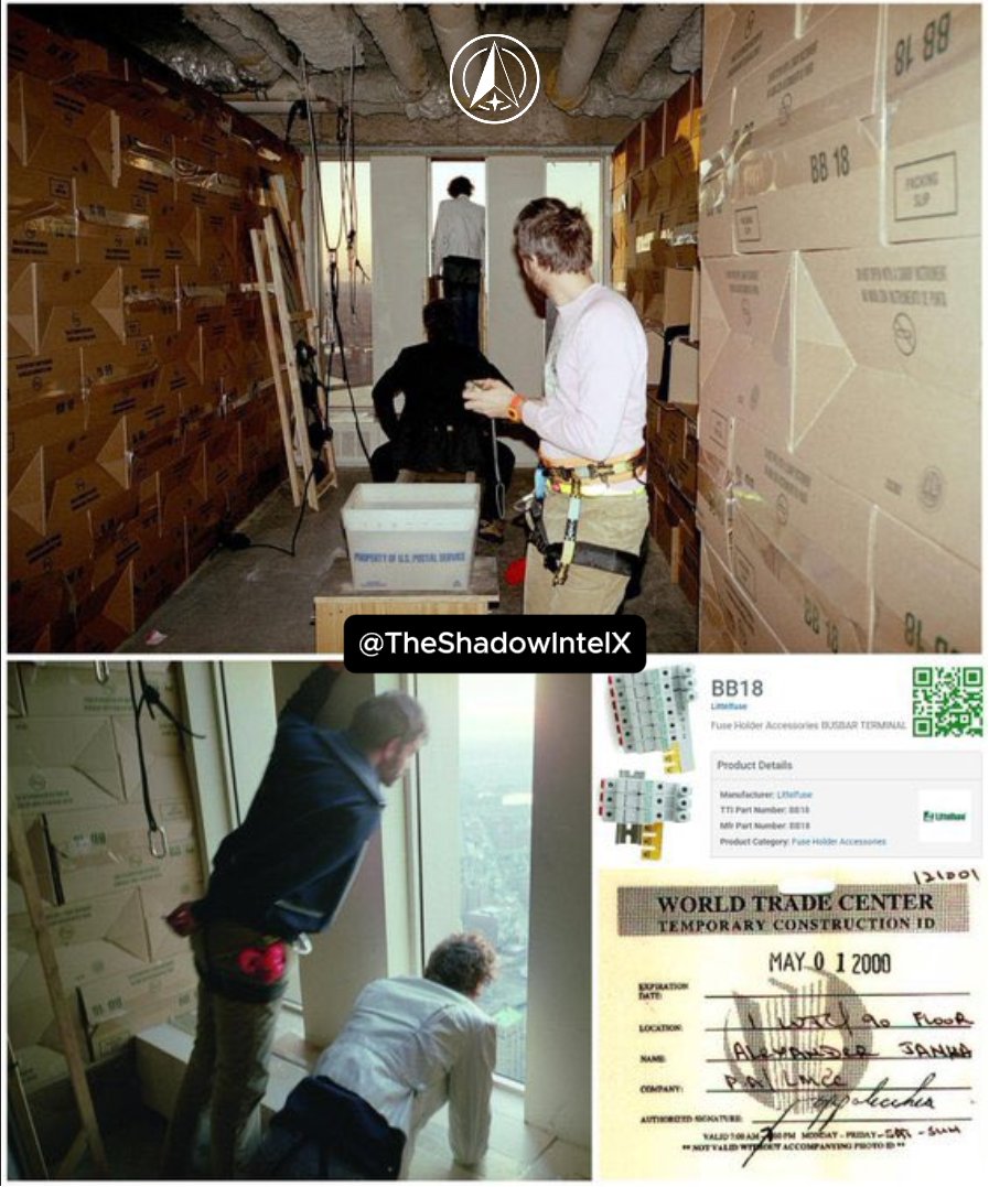 Composite of photographs showing two men on an upper World Trade Center floor with the windows covered by stacked cardboard boxes labeled BB 18, alongside a Littelfuse BB18 busbar/fuse-holder product card and a WTC Temporary Construction ID dated May 1 2000