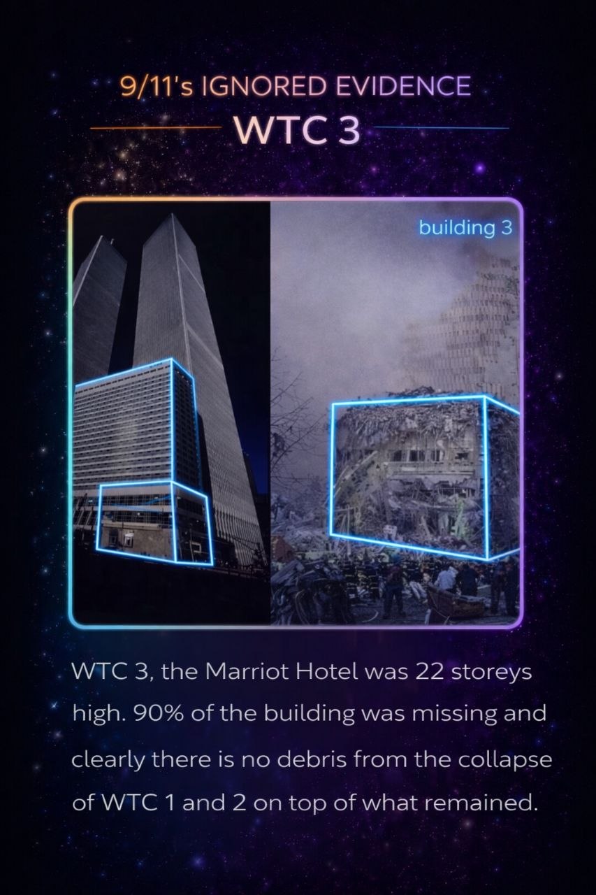 WTC 3 (Marriott) before-and-after comparison highlighting the missing upper section and absence of large debris pile from WTC 1 and 2