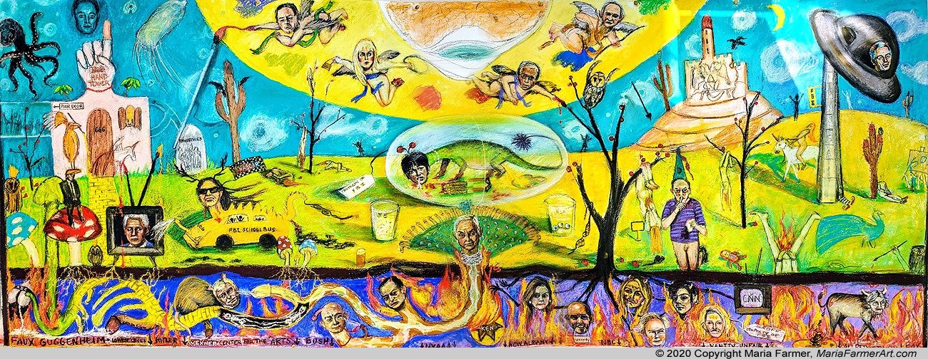 Wide allegorical mural by Maria Farmer: a sun-lit upper register with winged figures, a central landscape with a figure suspended inside a transparent ovoid, a flying saucer and antenna tower at the right edge, and a lower register of fire filled with small portrait heads
