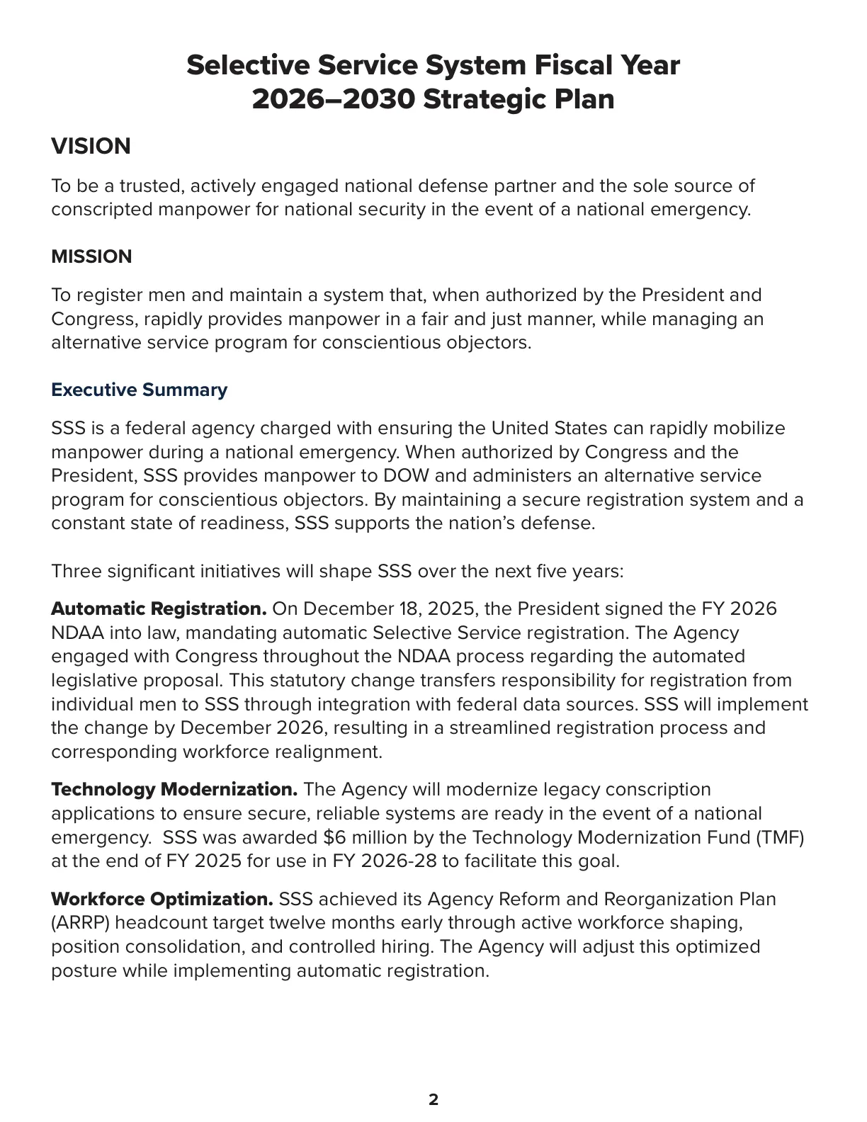 Page 2 of the Selective Service System FY 2026-2030 Strategic Plan